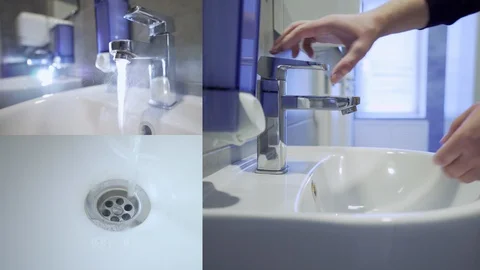 Man is washing hands with soap under faucet. Split screen. Health care Stock Footage 129363450