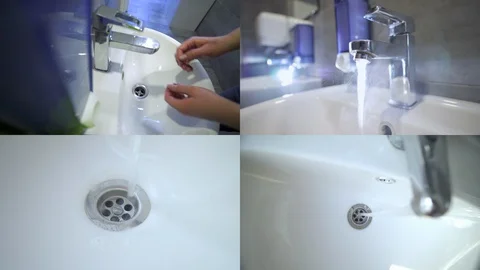 Man is washing hands with soap under faucet. Split screen. Health care Stock Footage 129363763