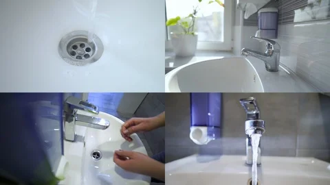 Man is washing hands with soap under faucet. Split screen. Health care Stock Footage 129363917