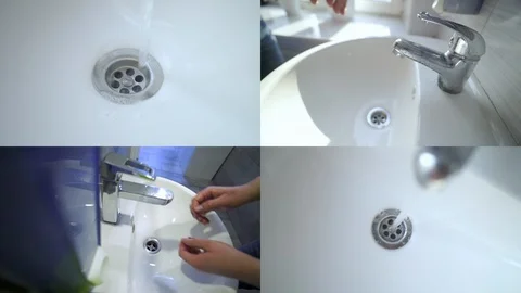 Man is washing hands with soap under faucet. Split screen. Health care Stock Footage 129363982