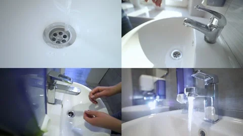 Man is washing hands with soap under faucet. Split screen. Health care Stock Footage 129364266