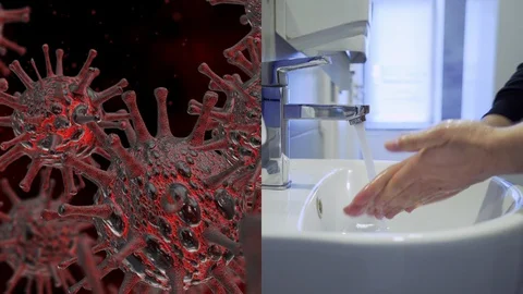 Man is washing hands with soap under faucet. Split screen. Health care Stock Footage 129364398