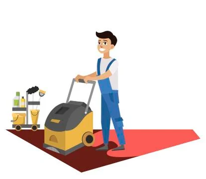 Man with washing machine cleans carpet poster Stock Illustration