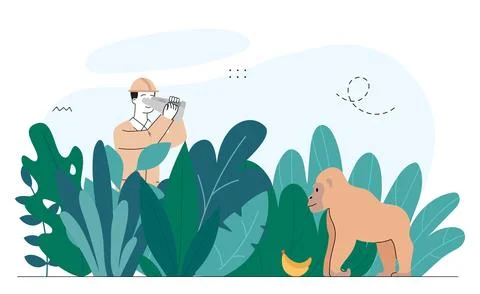 Man watches monkey. Young guy with binoculars looking at macaque with banana Stock Illustration