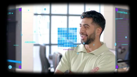Man watching AR panels appearing in tech office, following blue cube while Stock Footage 332956231