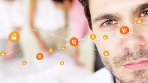 Man watching cart icon appearing, spawning network of carts and locks, framing Stock Footage 331701075