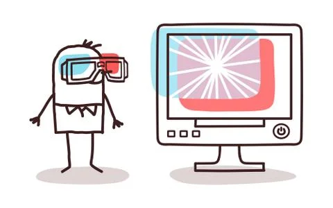 Man watching computer screen with 3D glasses Stock Illustration