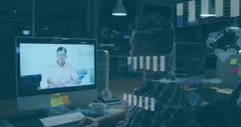 Man watching host speaking causing charts code globe layers covering viewer Stock Footage 331287091