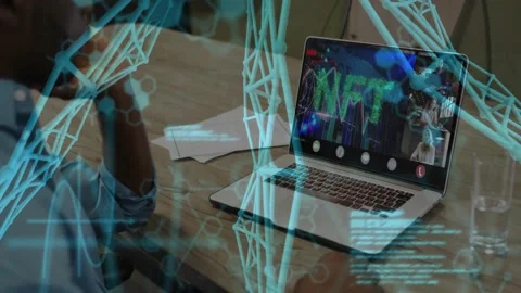 Man watching laptop as NFT display shifting, causing blue network code to Stock Footage 334036037