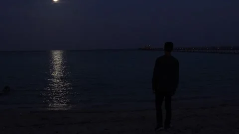 Man watching moon reflection at night on the sea Stock Footage 333563949