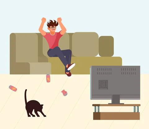Man is watching the news while sitting on the couch and feels reimbursement a Stock Illustration