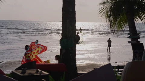 Man Watching Ocean and Child Running with Kite on Beach Stock Footage 337533283