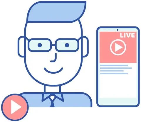 Man watching or recording live broadcast, vlog. Program for streaming online Illustrazione stock