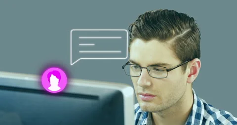 Man watching pink user icon appearing and following bubble for tracking tech Stock Footage 315569928