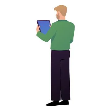 Man watching in tablet device, vector flat businessman, administrator analyzes Stock Illustration