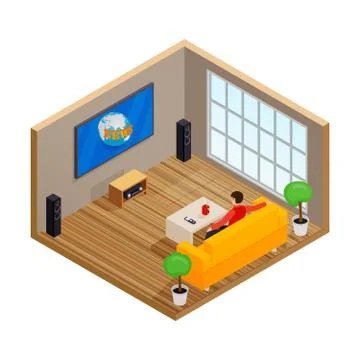 Man watching TV and drinking coffee on sofa in home room interior vector illu Stock Illustration