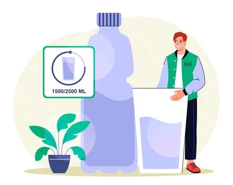Man with water balance. Young guy with glass and bottle of water. Person Stock Illustration