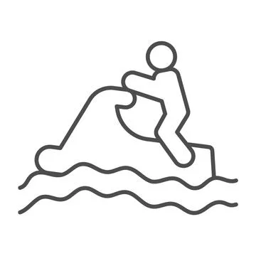 Man with water scooter on waves thin line icon, waterpark concept, Jet Ski Sport Stock Illustration