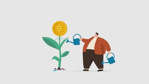 Man Watering Money Tree with Dollar Coin Illustrating Investment Growth Stock Footage 346342187