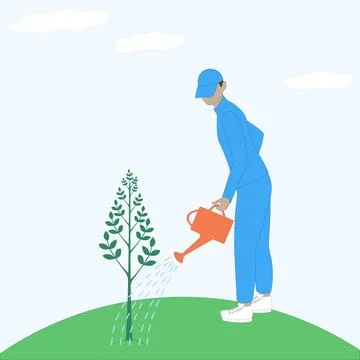 A man watering a young tree. Caring for nature. Green, blue, orange, white. Stock Illustration