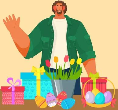 Man waving with hand next to table with Easter eggs, gifts and flowers in pot Stock Illustration