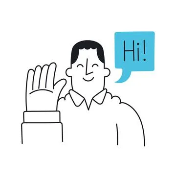Man waving hand. Speech bubble hi. Outline, linear, thin line, doodle art. Si Stock Illustration