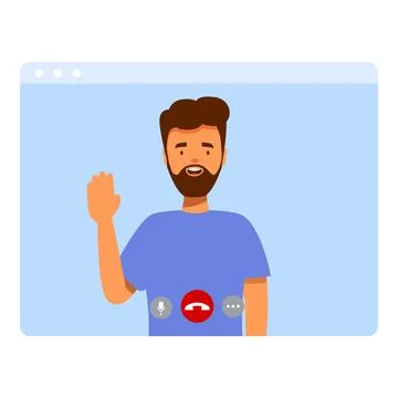 Man waving on video call interface with microphone and end call buttons Stock Illustration