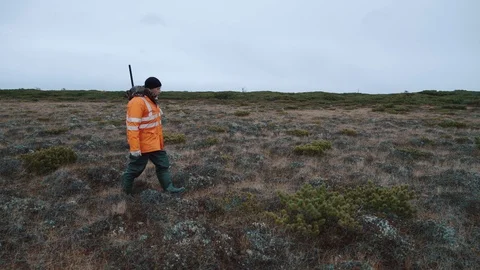 A man with a weapon walks across the field Stock Footage 117351759