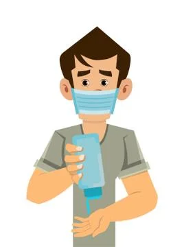 Man wear mask and clean his hand with hand sanitizer Stock Illustration