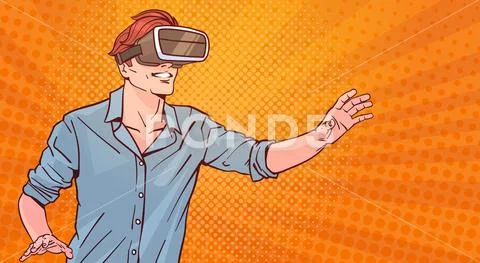Man Wear Modern 3d Glasses Virtual Reality Concept Pop Art Style Background Stock Illustration