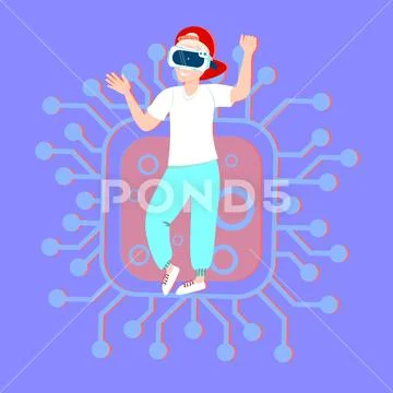 Man Wear Vr Glasses Over Circuit Background Modern Virtual Reality Technology Stock Illustration