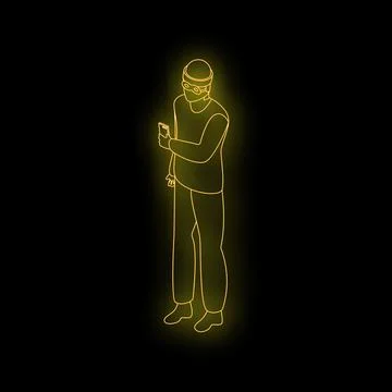 Man wearing augmented reality headset using smartphone, neon isometric view Stock Illustration