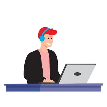 Man wearing blue headset working with a laptop on a desk on a white background Stock Illustration