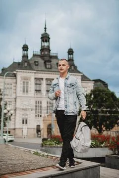 A man wearing a blue jacket Foto stock