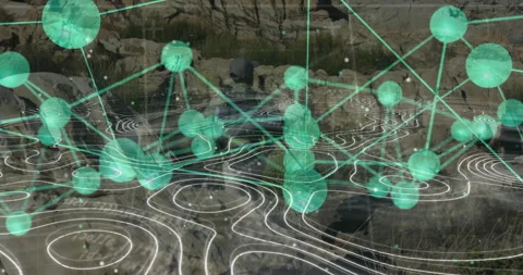 Man wearing cap and backpack sitting on hill, viewing technology network nodes Stock Footage 308098364