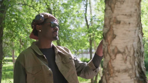 Man wearing cap and jacket touches birch tree bark examining texture in sunlit Stock Footage 345137187