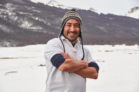 Man wearing coya wool hat unsheltered in cold and snowy place Stock Photos