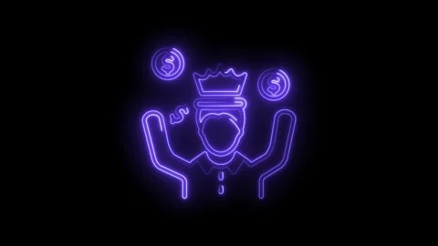 Man wearing crown juggling dollar coins neon style on black background anim.. Stock Footage 345972178