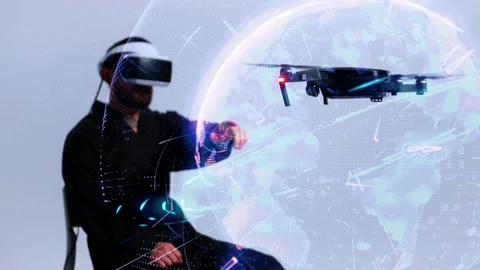 Man wearing FPV goggles controls drones. Virtual reality. VR, AR goggles. 4K Stock Footage 240086183