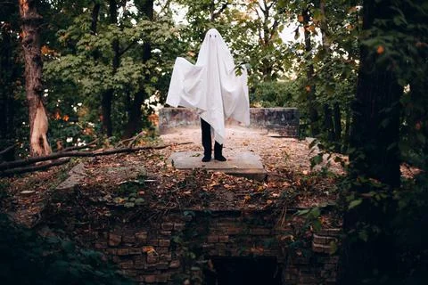 Man wearing ghost costume while standing on the grave in the cemetery during  Stock Photos