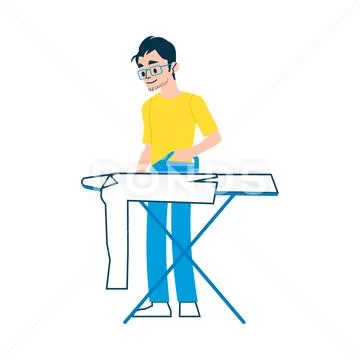 A man wearing glasses, a t shirt and jeans is ironing a white shirt , clothes Stock Illustration