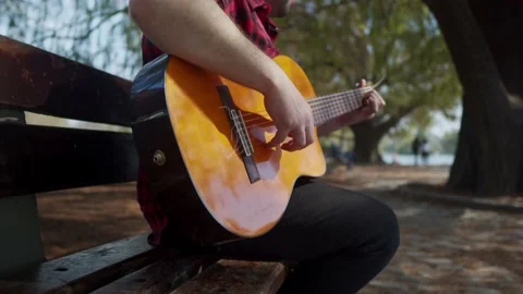 A man wearing a green mohawk playing guitar at park. Jib up Stock-Footage 139274694