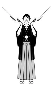 Man wearing Hakama with crest calling out with his hand over his mouth. Stock Illustration