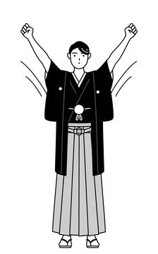 Man wearing Hakama with crest doing radio calisthenics, preparation for acc.. Stock Illustration