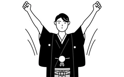Man wearing Hakama with crest doing radio calisthenics, preparation for acc.. Stock Illustration