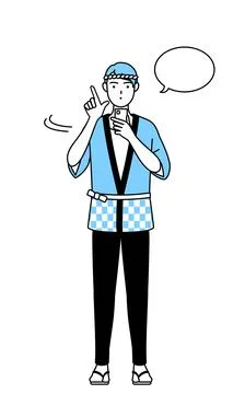 Man wearing Happi coat for summer festivals operating a smartphone. Stock Illustration