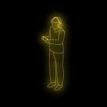Man wearing headphones and using smartphone neon sign on black background Stock Illustration