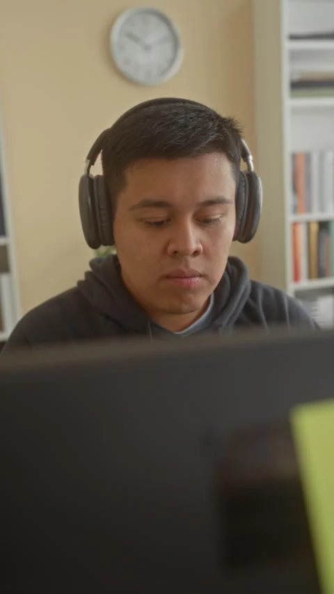 Man wearing headphones looking at computer monitor at a desk in a building .. Stock Footage 337353985