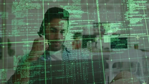 Man wearing headset kitchen as laptop sending data making green grid thin Stock Footage 332956073
