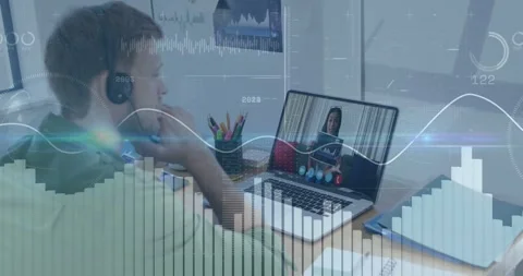 Man wearing headset leaning in at desk remote speaker sharing animated tech data Stock Footage 333904875